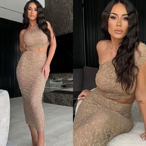 ZARA SHINY LACE ASYMMETRIC CROP TOP & SHINY LACE MIDI SKIRT SET